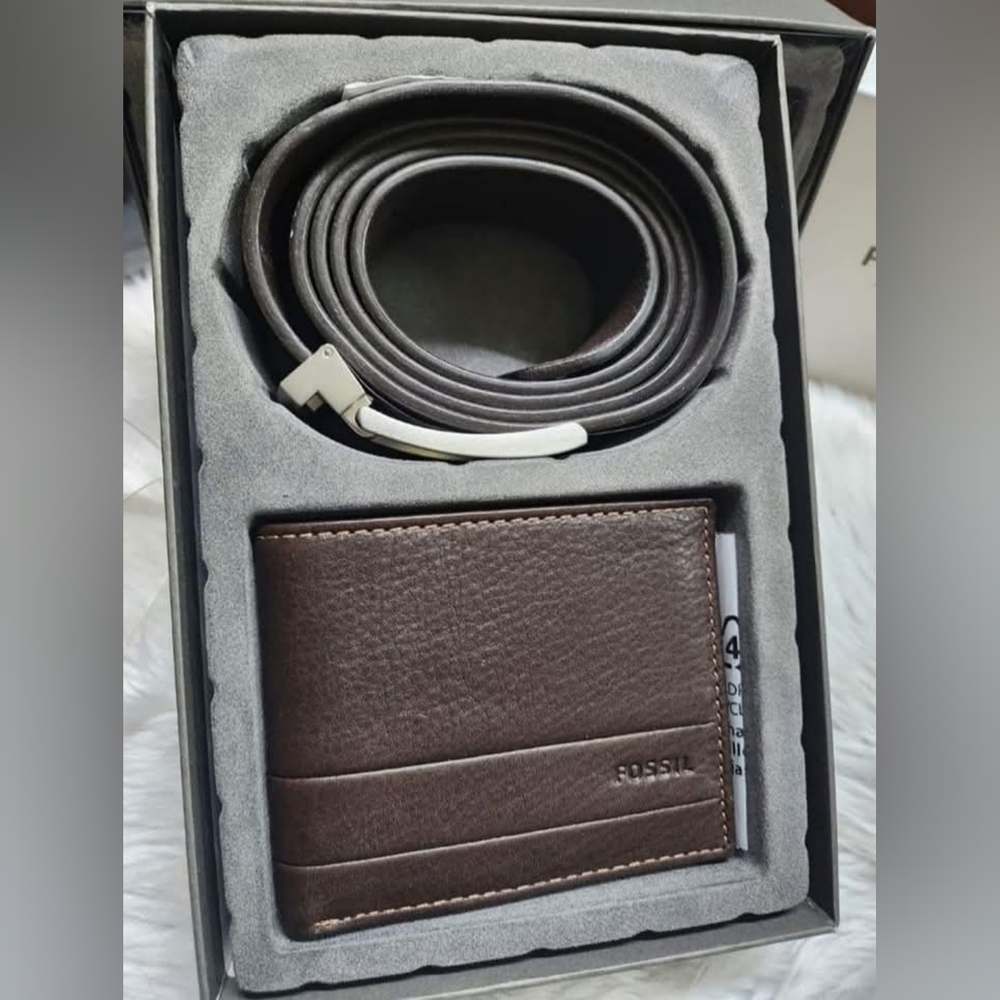 Fossil Dark Brown Leather Belt and Wallet Set Original Brand New With Tag